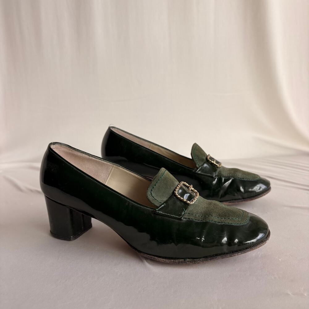 I. Miller Vintage Green Patent Leather & Suede Heeled Loafers - 2" Heel